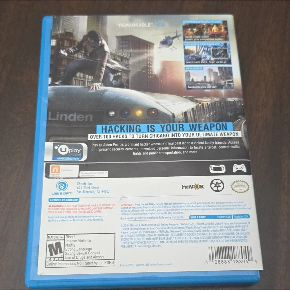 Ubisoft Watch Dogs Nintendo Wii U 2014 NTSC-U/C M-Mature Manual Included